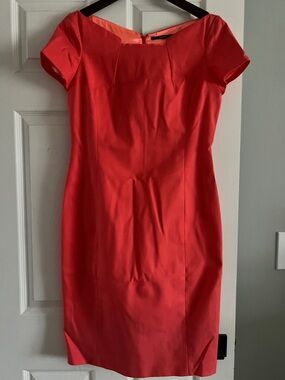 Tahari Coral-Red Short Sleeve Midi Sheath Dress